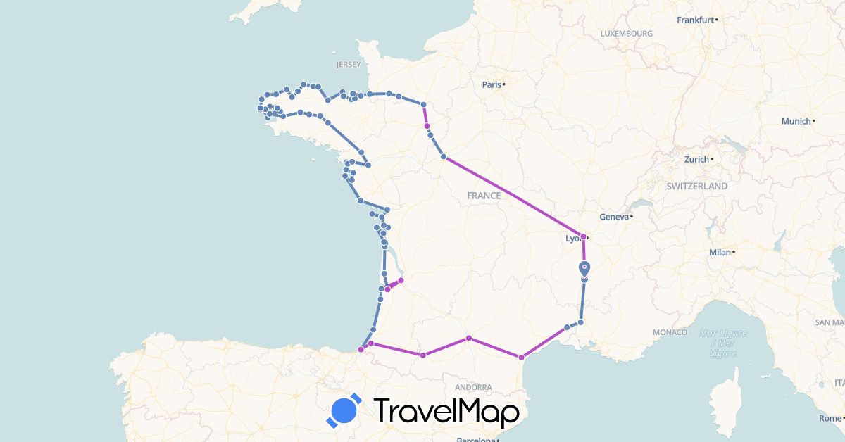 TravelMap itinerary: driving, cycling, train, boat in France (Europe)