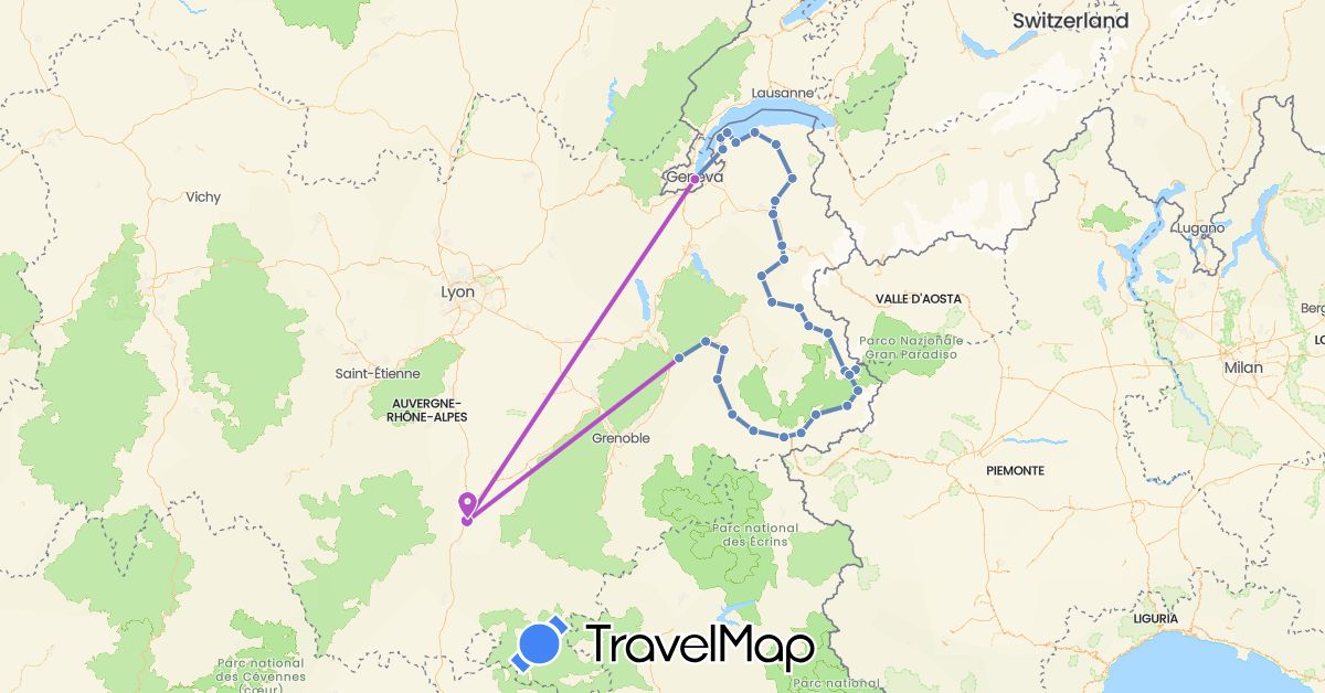 TravelMap itinerary: cycling, train in Switzerland, France (Europe)